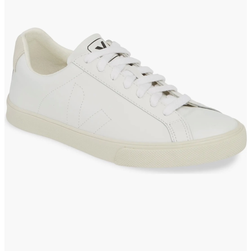 Veja Women’s White Esplar Leather Lace-up Sneakers in Extra White. Size 10